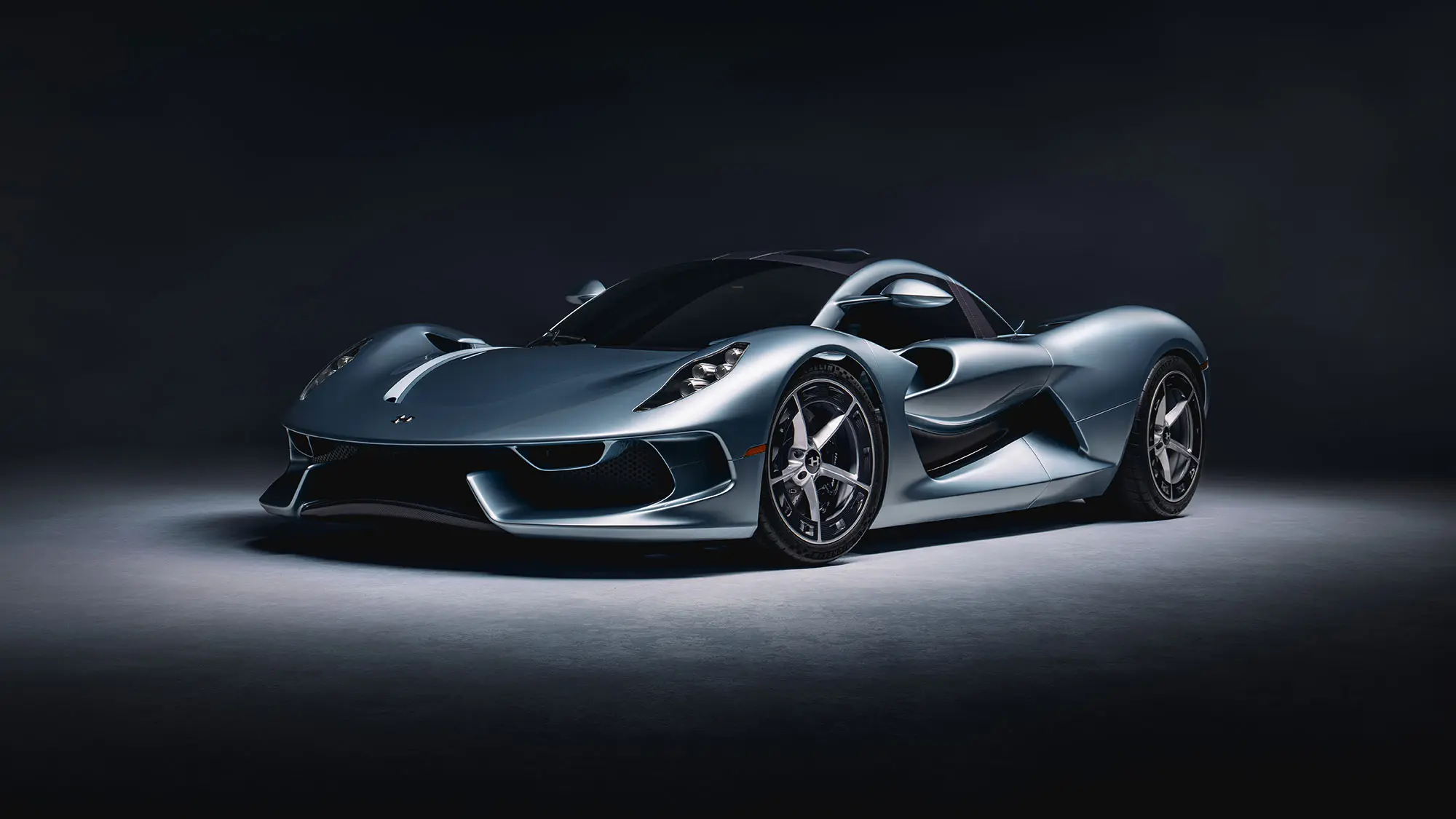 Hennessey Blackbird (2026): front three quarter static, low angle, silver blue paint