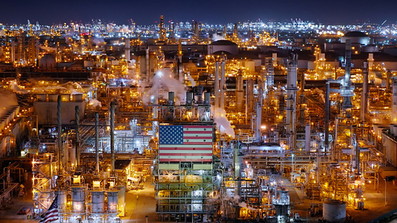 Aerial Shot of Oil Refinery in Wilmington, California at Night