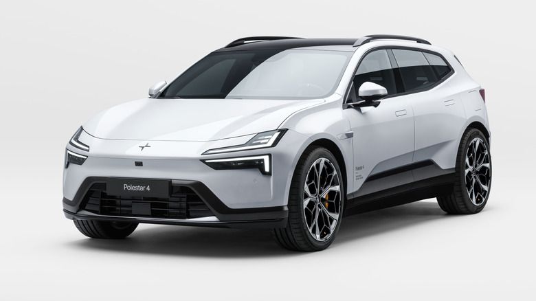 Front 3/4 view of a white Polestar 4 SUV